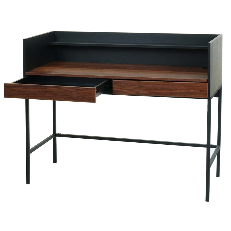 Bureau table d'ordinateur avec 2 tiroirs et espace de rangement 120x50 cm MDF aspect noyer et métal 04_0006057