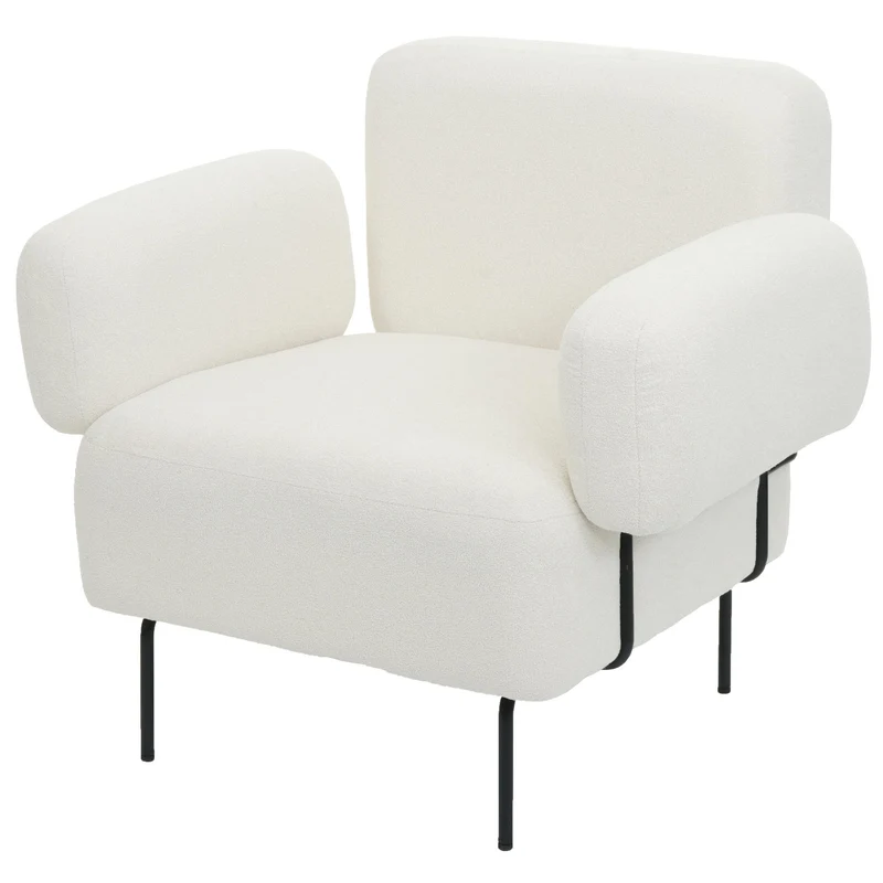 Fauteuil lounge assise large avec accoudoirs assise rembourrée tissu bouclé blanc crème et métal 04_000639