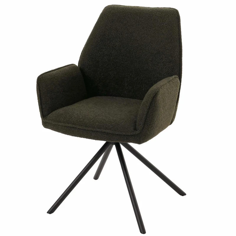 Chaise de salle à manger avec accoudoir assise rotatif en tissu bouclé vert olive care trépied 04_0006277