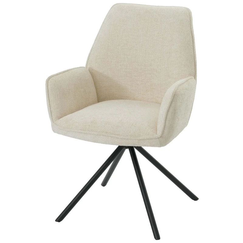 Chaise de salle à manger avec accoudoir assise rotatif en tissu chenille crème cadre trépied 04_0006278