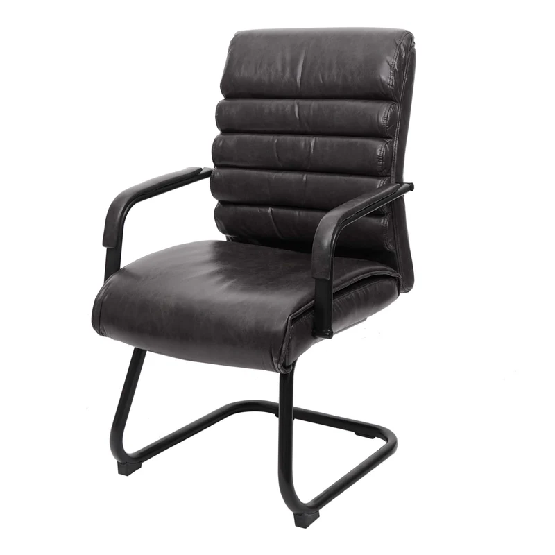 Fauteuil de bureau sans roulettes chaise de conférence vintage aspect daim PVC noir et métal 04_0006245