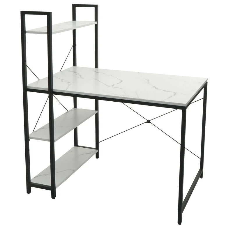 Bureau avec étagère table pour ordinateur 100 x 60 cm métal MDF aspect marbre blanc 04_0006014