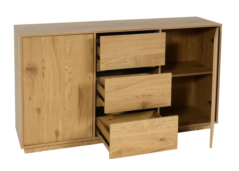 Buffet commode 3 tiroirs 4 compartiments de rangement avec 2 portes 86x160x40 cm aspect chêne 04_0005986