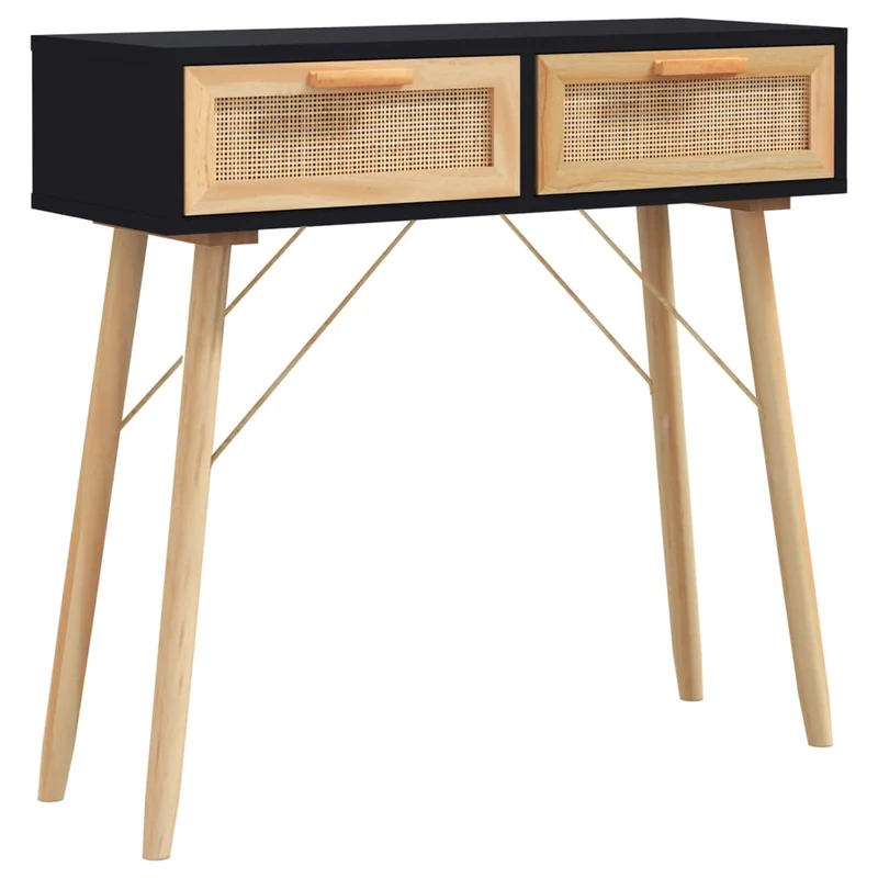 Table d'appoint console pratique avec tiroirs de rangement 80 x 30 x 75 cm bois massif pin /rotin naturel noir DEC032165