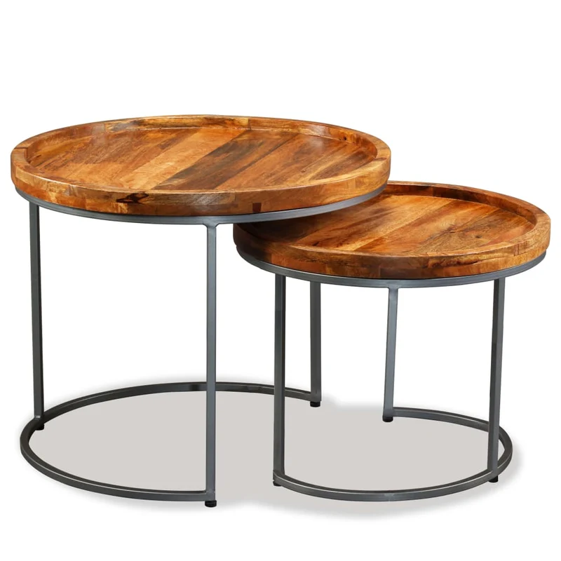 Ensemble de deux tables d'appoint support de plante en bois de manguier massif et fer DEC031397