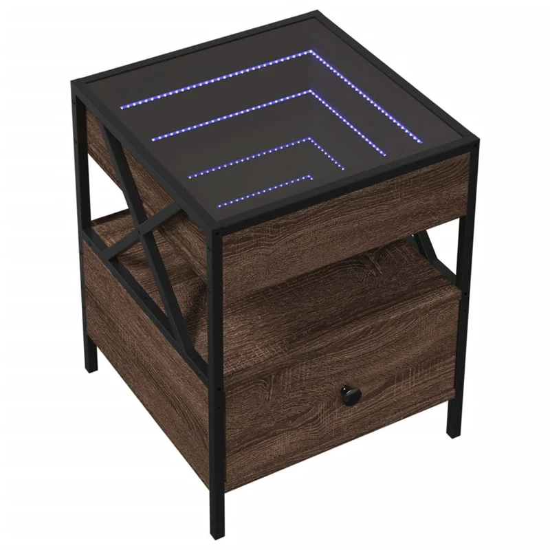 Table de chevet avec miroir à LED avec tiroir et compatiment 40 x 40 x 51 cm bois d'ingénierie marron verre et acier DEC033140