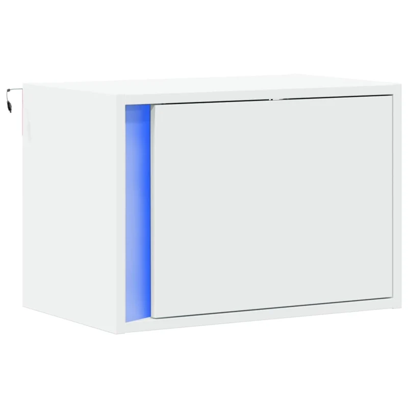 Table de chevet murale avec lumières LED et compartiment de rangement avec porte en bois d'ingénierie blanc DEC034167