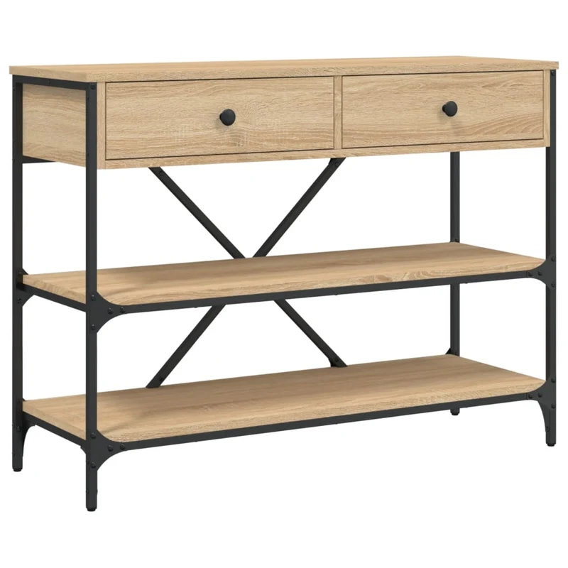 Table console avec tiroirs et étagères 100 x 34,5 x 75 cm en bois d'ingénierie couleur chêne et acier DEC031635