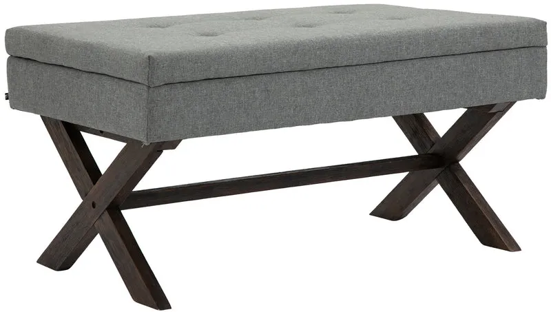 Banquette bout de lit 98 cm avec espace de rangement en tissu gris avec boutons décoratifs pieds foncés 10_0003656