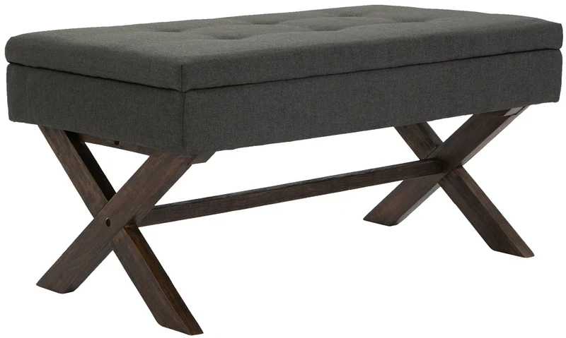 Banquette bout de lit 98 cm avec espace de rangement en tissu gris foncé avec boutons décoratifs pieds foncés 10_0003655