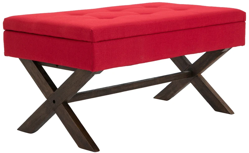 Banquette bout de lit 98 cm avec espace de rangement en tissu rouge avec boutons décoratifs pieds foncés 10_0003659