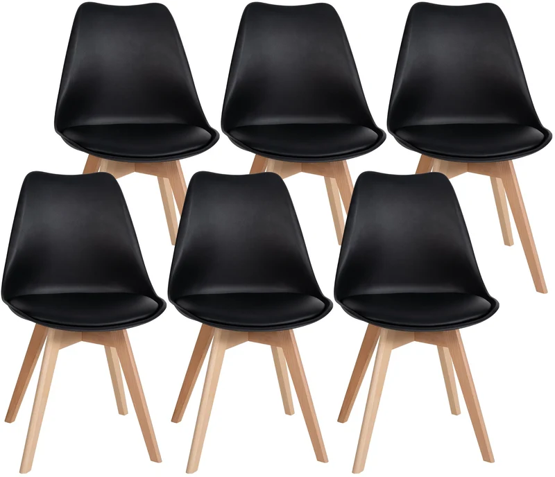 Lot de 6 chaises de salle à manger cuisine en plastique et PVC noir châssis en bois 10_0003221