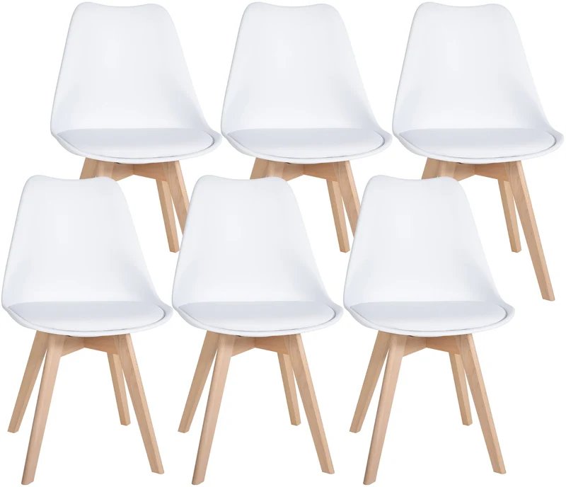 Lot de 6 chaises de salle à manger cuisine en plastique et PVC blanc châssis en bois 10_0003220