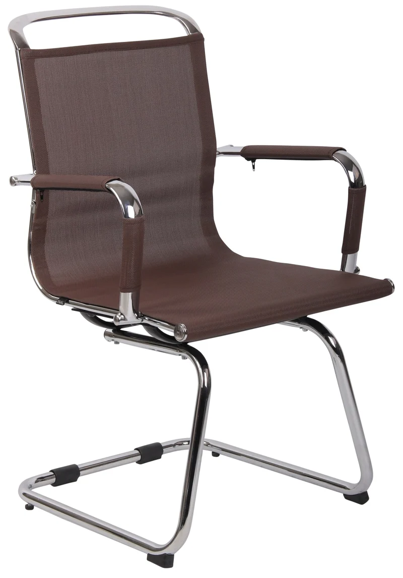 Chaise fauteuil de bureau sans roulettes piétement luge en métal chromé assise en tissu maille marron 10_0003260