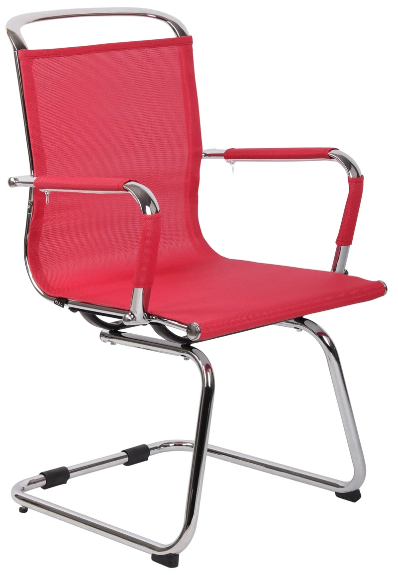 Chaise fauteuil de bureau sans roulettes piétement luge en métal chromé assise en tissu maille rouge 10_0003263