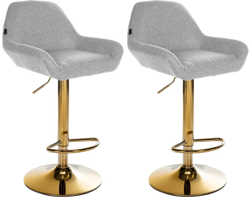 Lot de 2 tabourets de bar repose-pieds en forme d'arc en métal doré assise en tissu gris TDB10794
