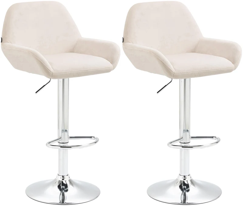 Lot de 2 tabourets de bar repose-pieds en forme d'arc en métal chromé assise en velours crème TDB10789
