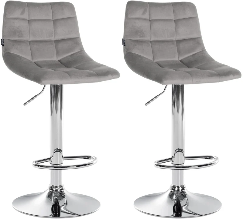 Lot de 2 tabourets de bar en velours gris base métal chromé réglable en hauteur et repose-pieds TDB10633