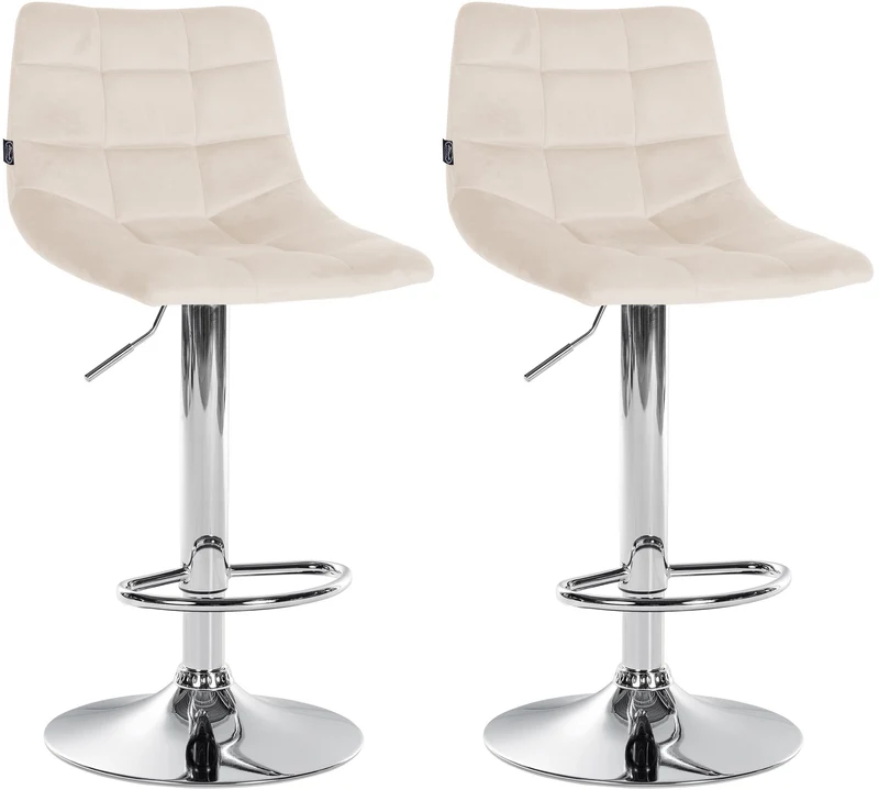 Lot de 2 tabourets de bar en velours crème base métal chromé réglable en hauteur et repose-pieds TDB10631