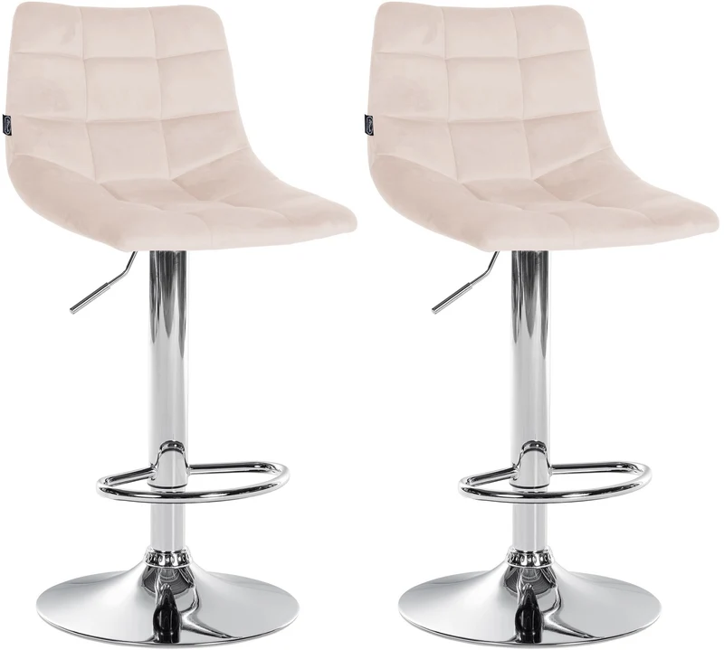 Lot de 2 tabourets de bar en velours beige base métal chromé réglable en hauteur et repose-pieds TDB10629
