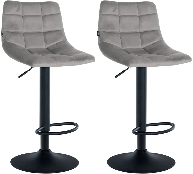 Lot de 2 tabourets de bar en velours gris base métal noir réglable en hauteur et repose-pieds TDB10627
