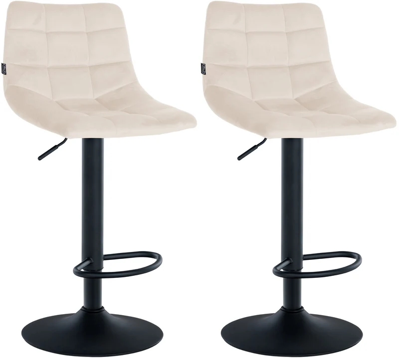Lot de 2 tabourets de bar en velours crème base métal noir réglable en hauteur et repose-pieds TDB10625
