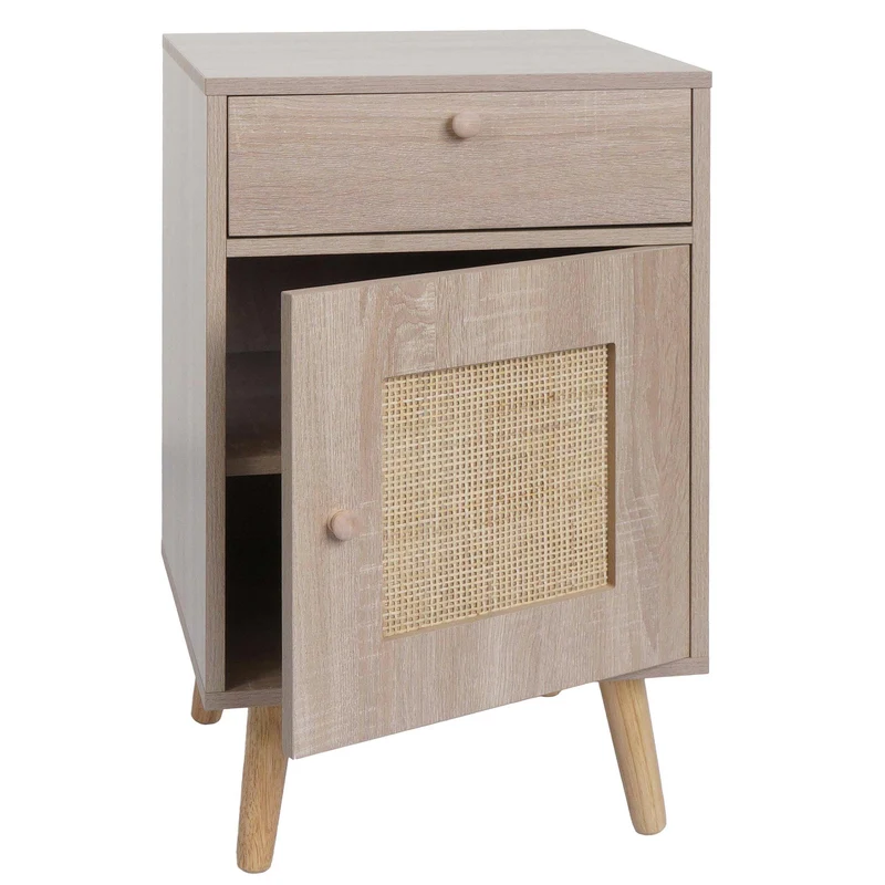 Table d'appoint table basse table de chevet compartiments de rangement avec tiroir kubu rotin MDF aspect chêne 04_0008504
