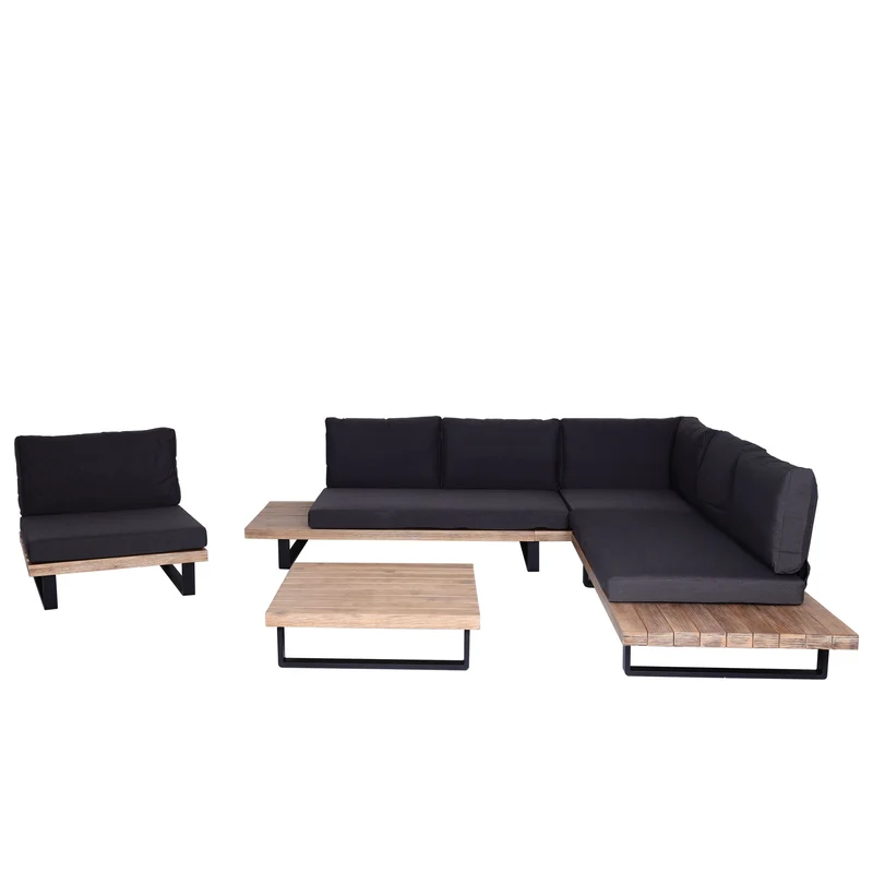 Salon de jardin avec fauteuil canapé en bois d'acacia aluminium marron clair revêtement gris foncé 04_0008297