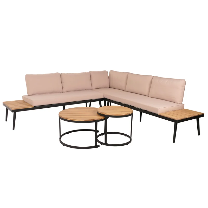 Salon de jardin avec deux tables d'appoint en bois d'acacia marron clair et coussin beige 04_0008304