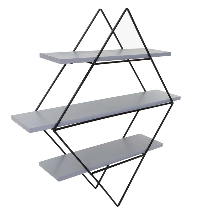 Étagère murale suspendue design industriel 3 niveaux 60x55x12 cm en bois de pin gris-bleu 04_0008651