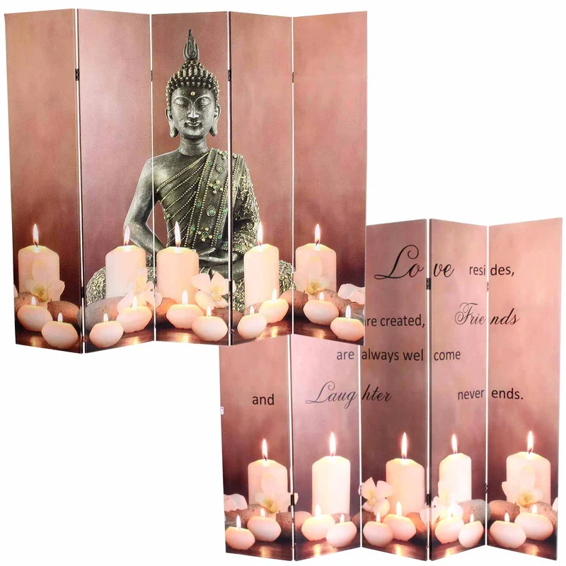 Paravent 5 panneaux avec led design bouddha cloison séparateur de pièce avec minuterie 180x200 cm 15 led 04_0008630