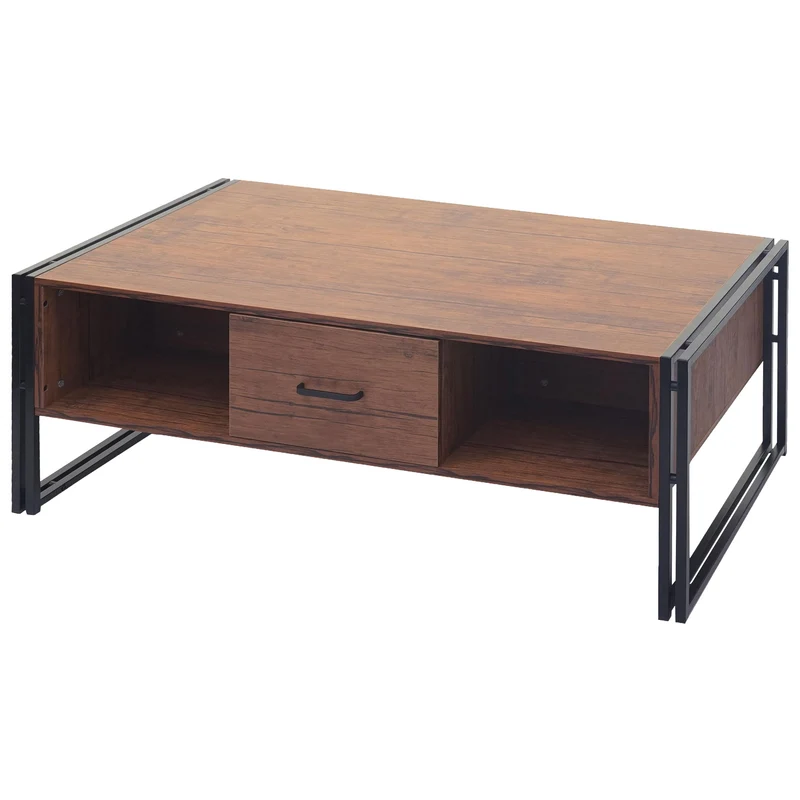 Table basse deux tiroirs et quatre compartiments de rangement 45x110x60 cm MDF en métal aspect chêne sauvage 04_0008425