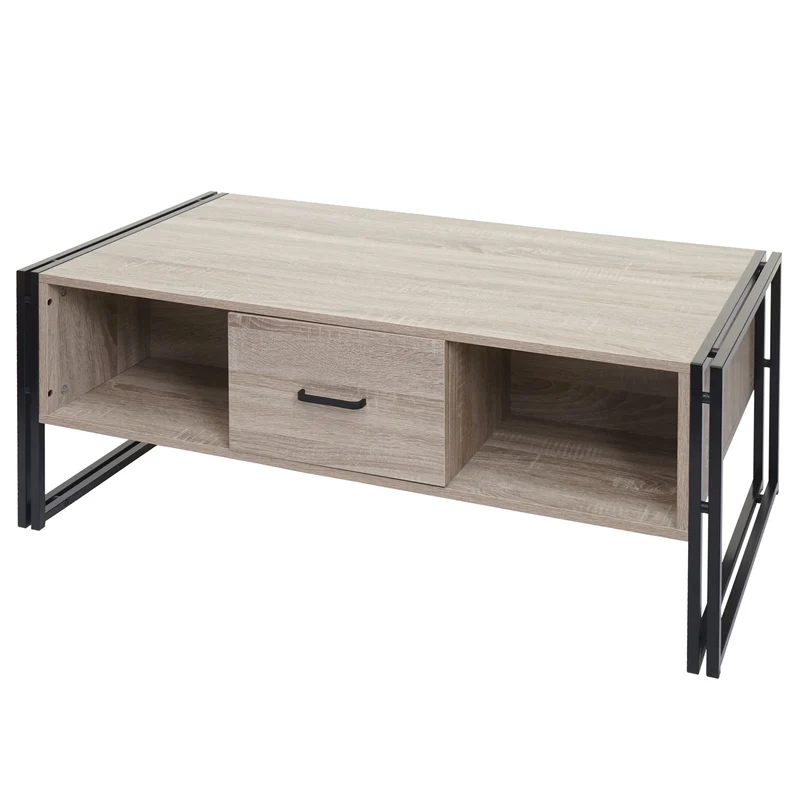 Table basse deux tiroirs et quatre compartiments de rangement 45x110x60 cm MDF aspect chêne et métal 04_0008424