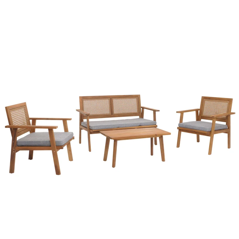 Salon de jardin avec table banc et 2 chaises bois et polyrotin coussins gris 04_0008325