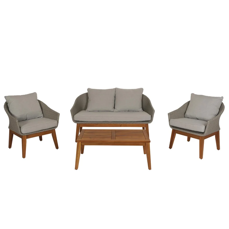 Salon de jardin canapé fauteuils et table en poly rotin et bois d'acacia avec coussins gris 04_0008323