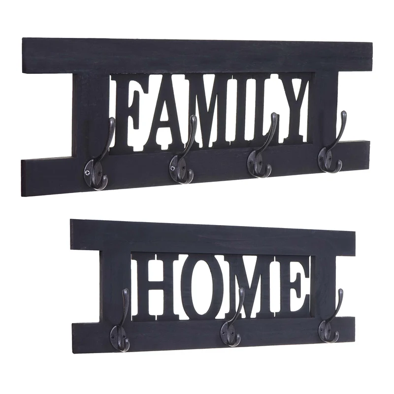 2x portemanteau mural avec 3 crochets et 4 crochets doubles family home en bois vintage gris foncé 04_0007285