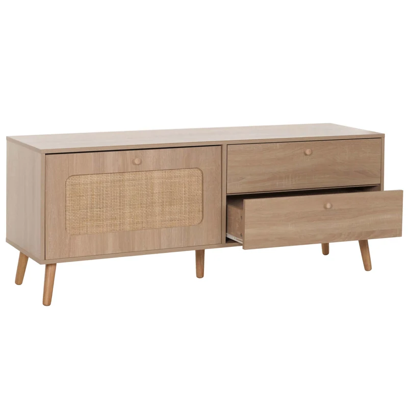 Meuble TV avec deux tiroirs et une porte 56 x 140 x 41 cm rotin et MDF aspect chêne 04_0007864