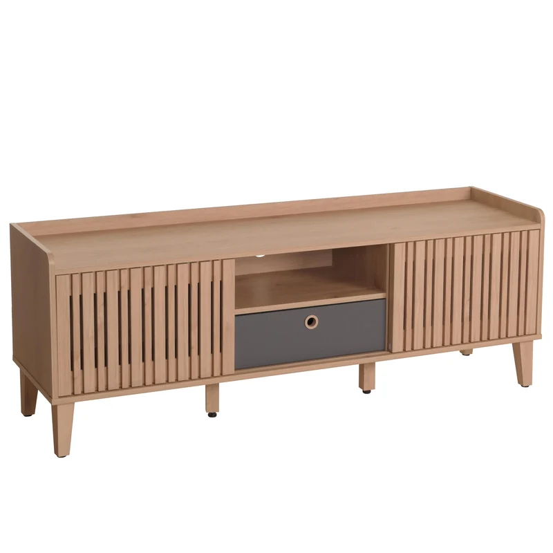 Meuble TV porte coulissante 3 compartiments de rangement bois de manguier 56 x 150 x 40 cm tiroir gris 04_0007869