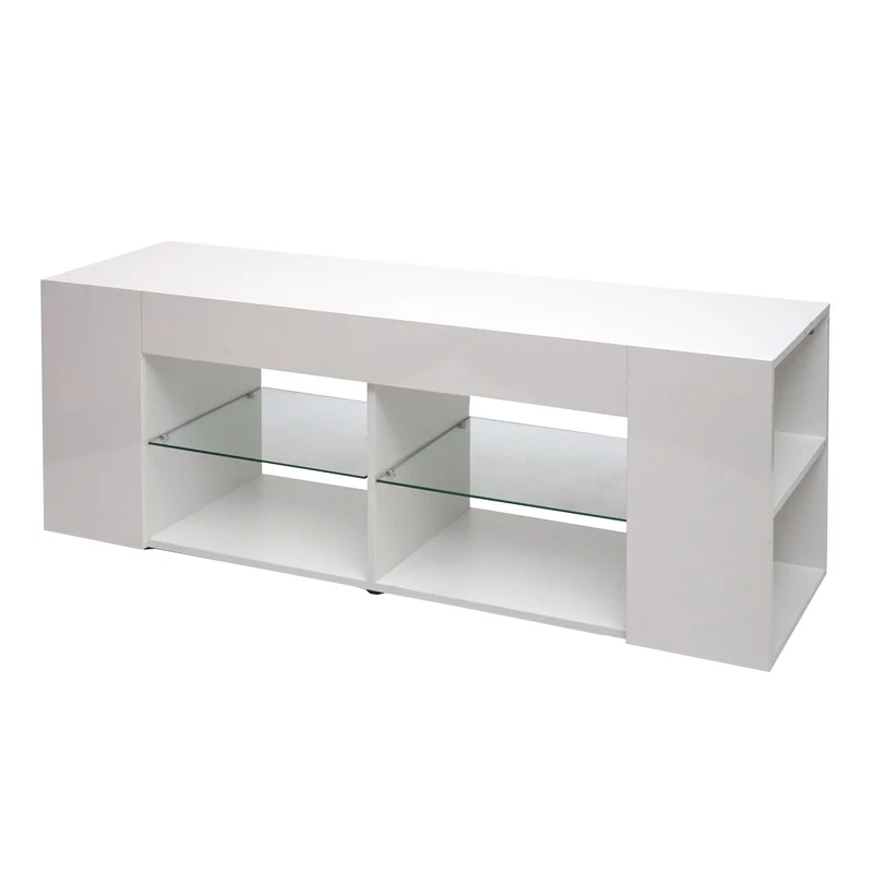 Meuble TV avec 2 étagères en verre 50 x 144 x 40 cm compartiment de rangement blanc brillant 04_0007857
