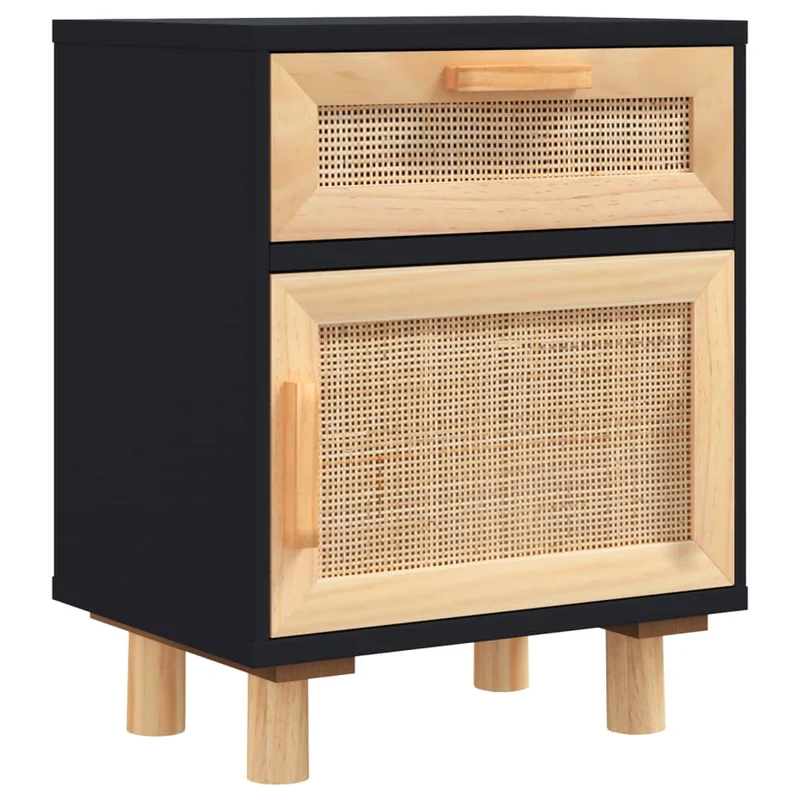 Table de chevet avec tiroir et compartiment avec porte en bois de pin noir et rotin naturel DEC034527
