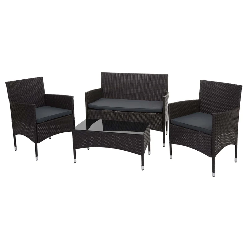 Salon de jardin en polyrotin pour jardin balcon terrasse canapé banc table fauteuils marron coussins gris foncé 04_0003245