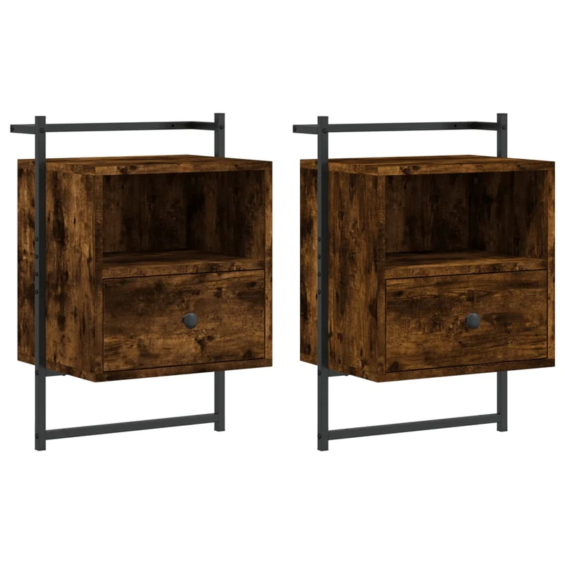 Lot de 2 tables de chevet murale avec tiroir et compartiment 40 x 30 x 61 cm bois d'ingénierie marron et métal DEC034153