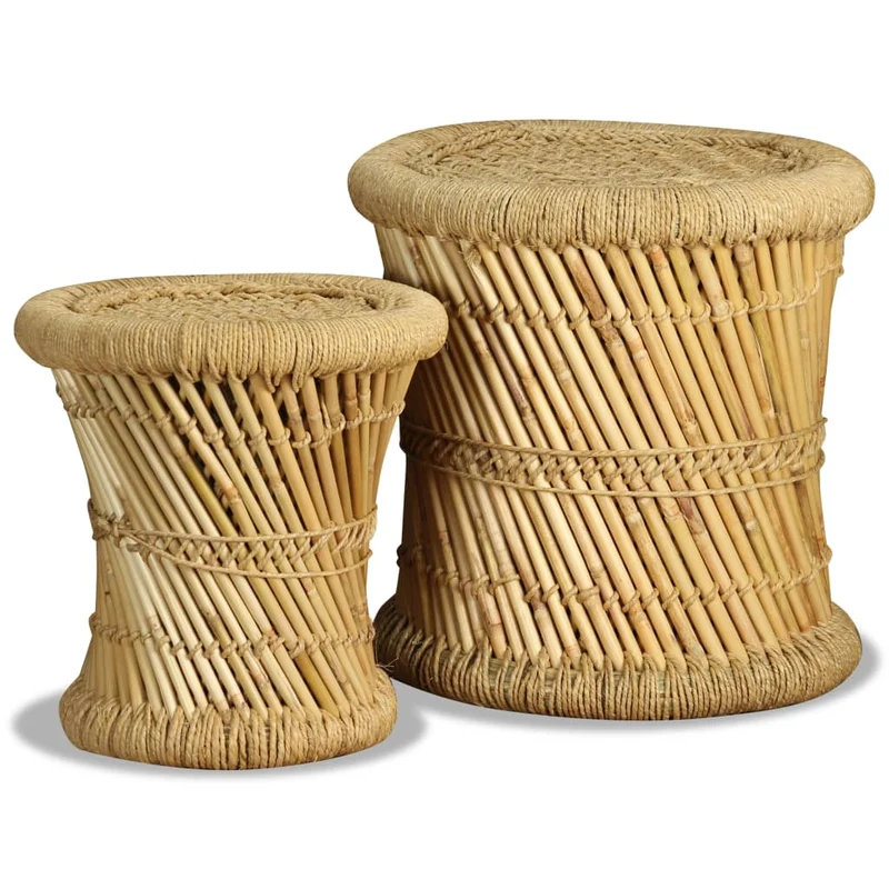 Lot de 2 tabouret assise poufs design rustique tissé en bambou et jute brun DEC026402