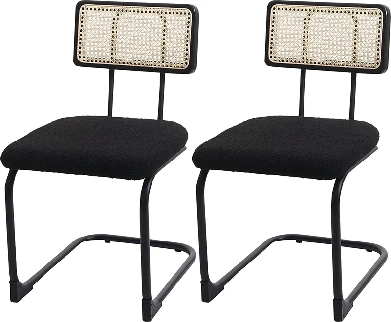 Lot de 2 chaises de salle à manger cuisine en bois rotin métal tissu/textile noir bouclé CDS04495