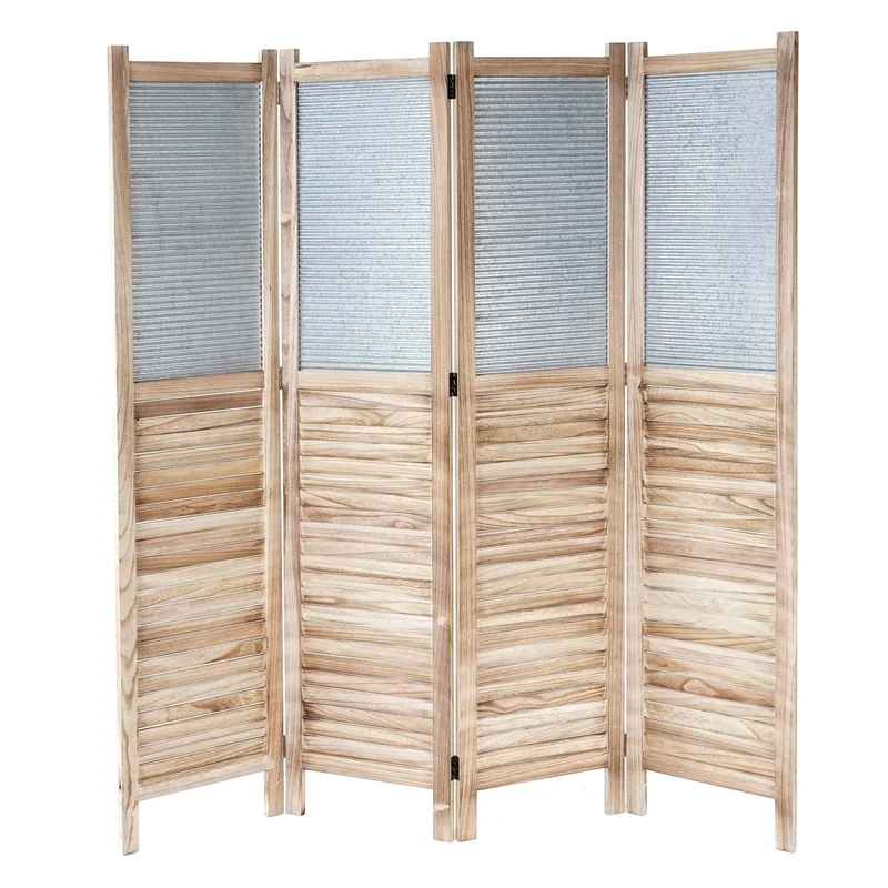 Paravent 4 panneaux écran de cloison de séparation de pièce bois et métal 170x160x2cm 04_0003922