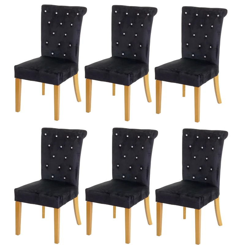 Lot de 6 chaises à manger en velours noir avec décoration bouton cristal pieds bois clairs 04_0000797