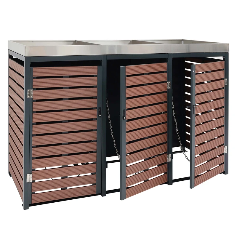 Abris poubelles verrouillable avec bac à plantes 124 x 146 x 102 cm wpc métal aspect bois de noyer 04_0007028