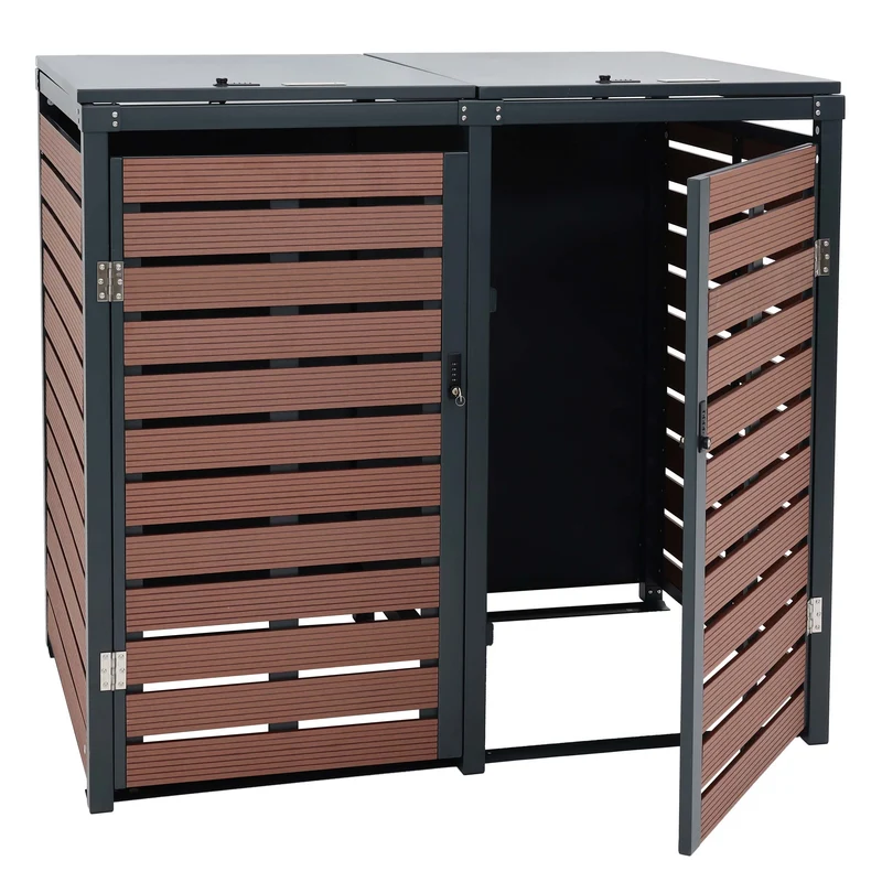 Abris pour poubelles verrouillable avec deux compartiments 119 x 140 x 102 cm wpc métal aspect bois de noyer 04_0007015