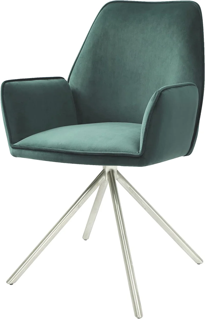 Chaise fauteuil rembourré salon bureau avec accoudoirs rotation 90° en velours vert pieds acier FAL04037