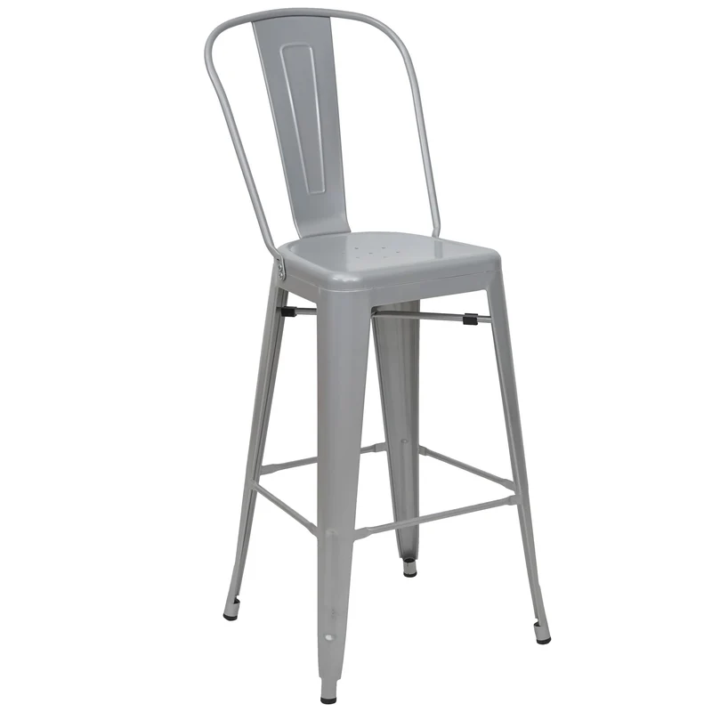 Tabouret de bar avec dossier design industriel en métal gris avec repose-pieds 04_0005251